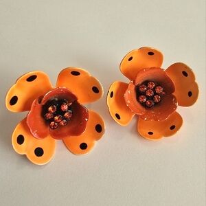 Big vintage earrings enamel flower polka dots floral flower power bright neon